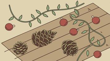 A wooden table topped with christmas decorations and pine cones on top of it. vector
