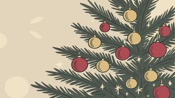 A close up of a christmas tree with red and gold baubles on it and blurry lights in the background. vector