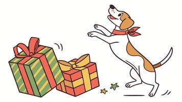 Dog jumping in the air. bouncy and christmas boxes generativa IA vector
