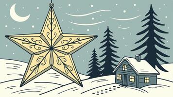 Christmas star in the snow with a house and trees vector