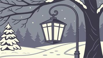 Glowing Lantern Hanging on Shepherd's Hook in a Snowy Winter Evening vector