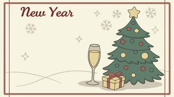New Year. Christmas card with a glass of champagne. New Year tree and falling snow. Place for text. vector