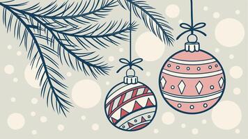 Decorative christmas baubles hanging from snowy fir branch. Bokeh background. vector
