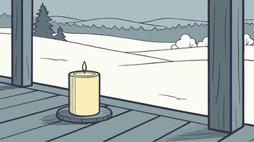Candle on planks in snow front of winter snow landscape panorama bokeh background vector