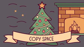 Decorated christmas tree on burning fireplace background. banner with copy space. vector