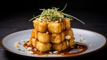 Delicious fried tofu cubes with sauce and garnish photo