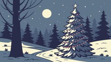 A christmas tree is lit up in a snowy forest at night. vector