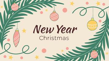 New Year Christmas banner with Christmas tree branches sparkling bokeh Place for text. vector