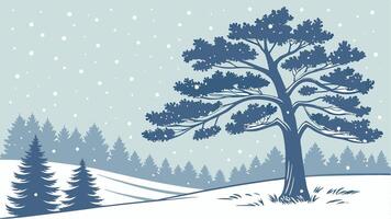Winter landscape with pine tree and snowfall illustration vector