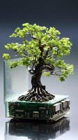 Miniature bonsai tree growing on computer circuit board photo