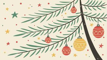 Christmas tree decorations. christmas background with hanging balls and pine tree branches. vector