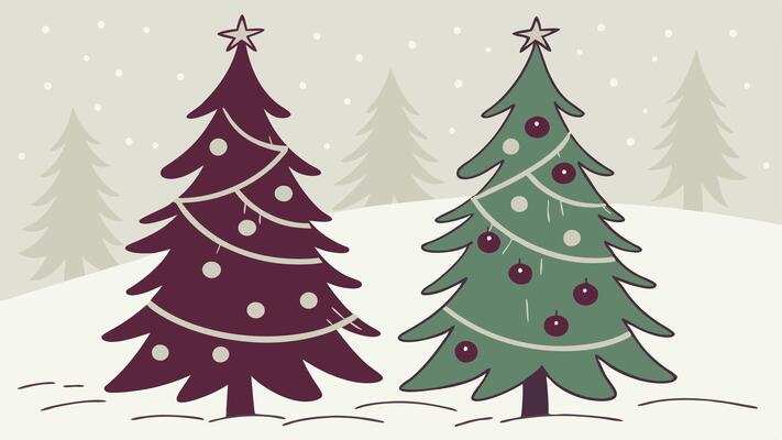 Burgandy and green Christmas trees with glitter and ornements and star
