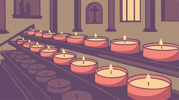 Burning candles in church. many burning candles in shallow depth of field. vector