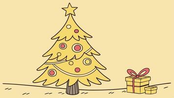 A yellow christmas tree with ornaments on a yellow background with a star on top. vector