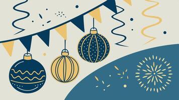 New Year's layout of balls and decorations in dark blue and gold tones. on a blue background vector