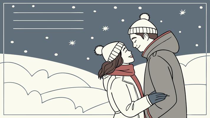Couple in love hugging under the snow. winter or christmas mood. lights. copy space