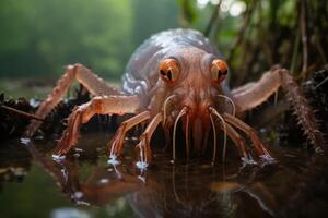 Closeup of a curious crustacean in a forest stream photo