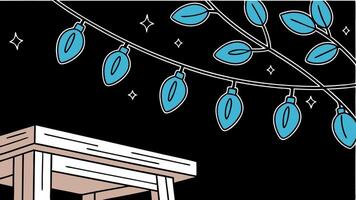 Blue holiday string lights on a wooden table on black background. vector
