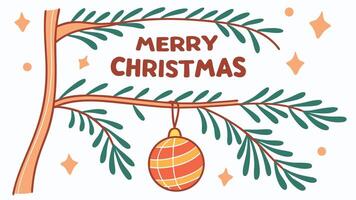 Merry christmas hanging frame on top with christmas ball and christmas tree branches vector