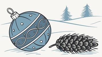 Blue christmas ornament and a pine cone on a snowy surface. vector