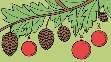 A cartoon drawing of pine cones and balls hanging from a branch vector