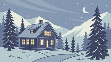 Christmas evening landscape with house in the mountains. ai tools generated image vector