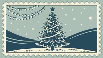 Blue retro christmas card design with fir tree illustration vector