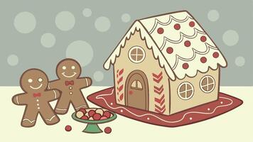 Gingerbread house with gingerbread men in a festive Christmas still life on bokeh background. vector