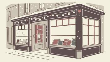 Book shop window with Christmas decoration. Watercolor illustration in retro style. vector