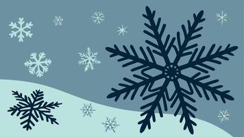 A snowflake is shown in the dark with snow flakes on it's sides and a blue background. vector