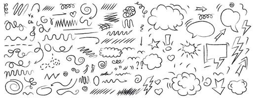 Hand drawn circle in doodle sketch style, set of cloud speech bubbles elements. Arrows, stars, heart-shaped decorations. vector