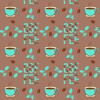 Coffee mugs with hot drink and coffee beans and letters seamless pattern on mocha mousse background. vector
