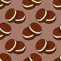 Pattern of cookies with white icing, sprinkled with sesame seeds, on mocha mousse background. vector