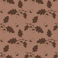 Mocha mousse pattern oak branches with leaves and acorns, brown colors drawing. vector