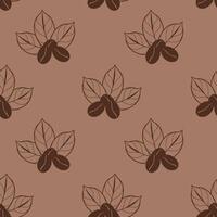 Mocha mousse pattern coffee beans on coffee leaves, doodle stylized contour drawing. vector