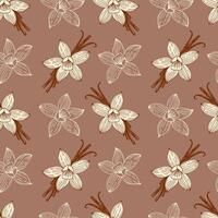 Pattern with beige flowers and vanilla sticks on mocha mousse background. vector