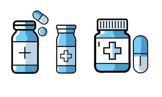Pill bottle icons, with one bottle having a medical cross, displayed on a white background vector