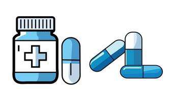 A group of pill bottle icons, with one bottle having a medical cross, displayed on a white background. vector