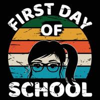 Retro 'First Day of School' T-shirt with a colorful sunset, stars, and pencil design. vector