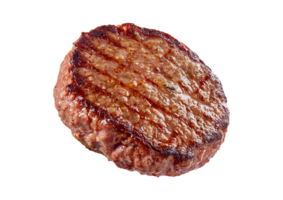 A delicious hamburger meat is shown on a transparent background png