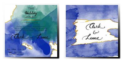An elegant watercolor wedding invitation design with a luxurious blue background with soft, flowing gradients and subtle gold edges. vector