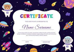 Space animals. Certificate with space elements and animals astronauts. vector