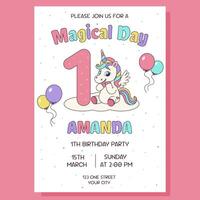 Unicorn invitation. Birthday party invitation card with unicorn and birthday anniversary number. vector