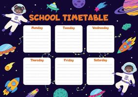 Space school timetable with space elements and children astronauts. vector