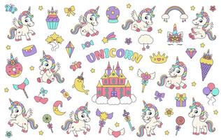 Unicorn set. Big collection with magic elements and little pony fantasy unicorns. vector