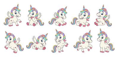 Set of unicorn characters. Unicorns in different poses. Unicorn characters for birthday, invitations, greeting cards, stickers. vector