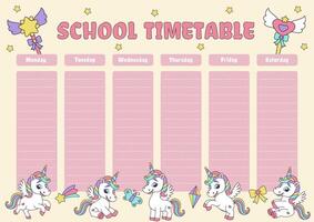 Unicorn school timetable. Timetable with magic elements and unicorns. vector