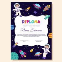Space diploma, certificate with space elements and children astronauts. vector