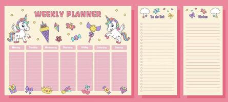 Unicorn set of weekly planner, to dolist and notes. Planners with magic elements and unicorns. vector
