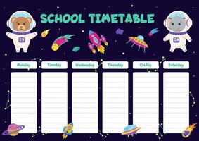 Space animals. School timetable with space elements and animals astronauts bear and elephant. vector